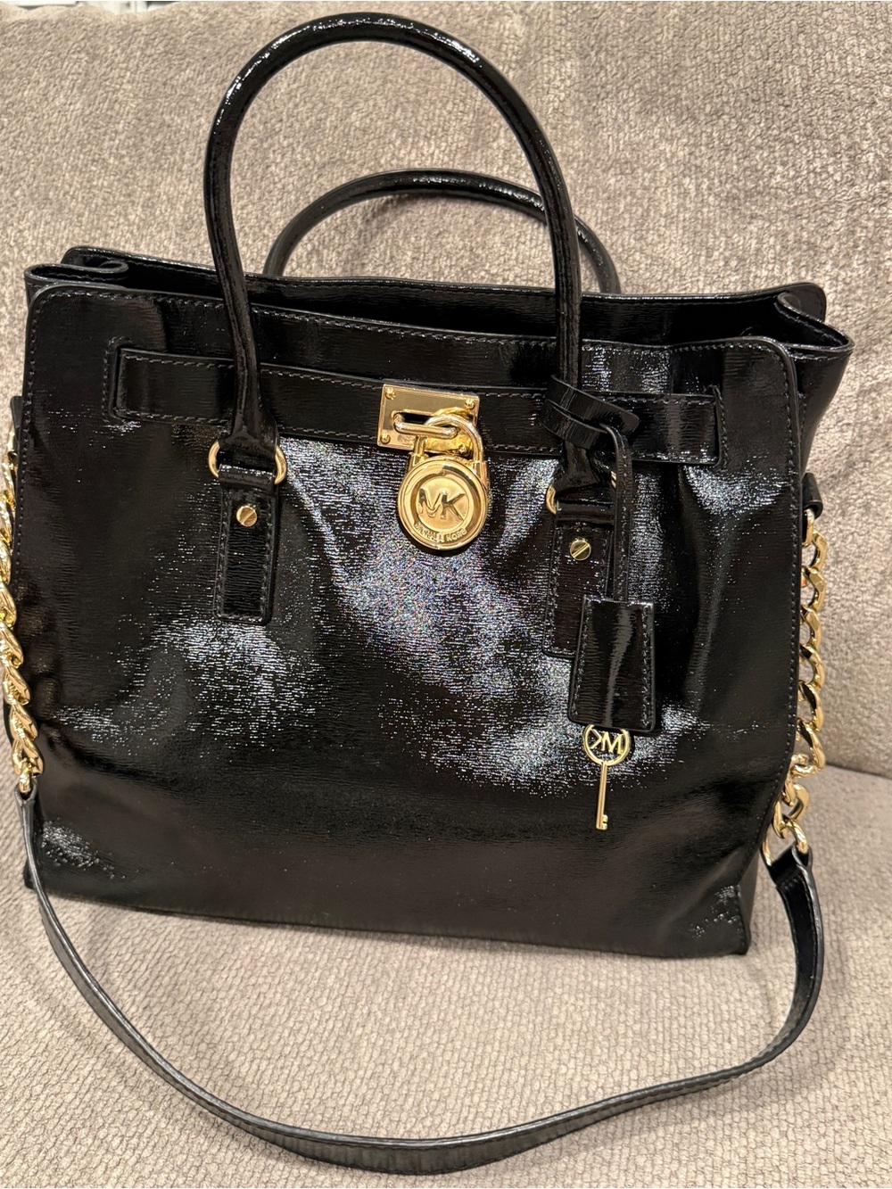 Michael Kors Black Patent Shoulder Bag with Gold Hardware
